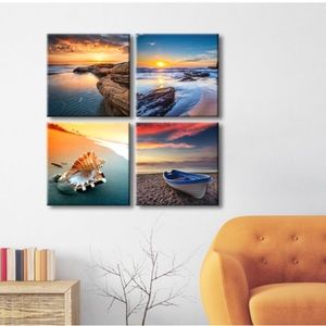 Sunset Sea Beach Modern Seascape Pictures Paintings on Canvas Wall Art 4 Panels